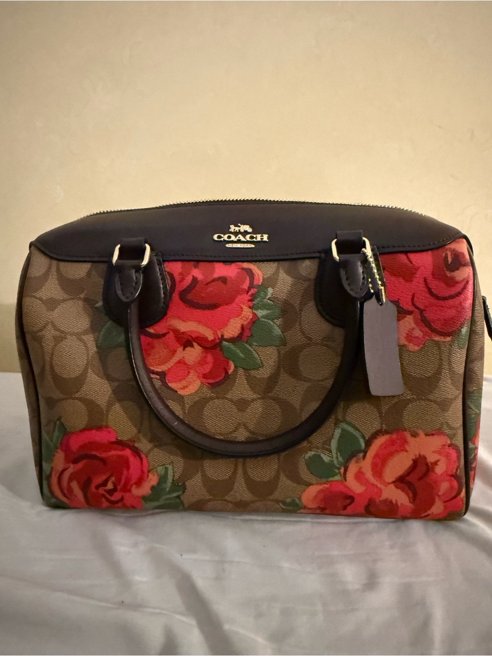 NWT Coach F37845 Signature Rose Floral Large Bennett Satchel Khaki Oxblood